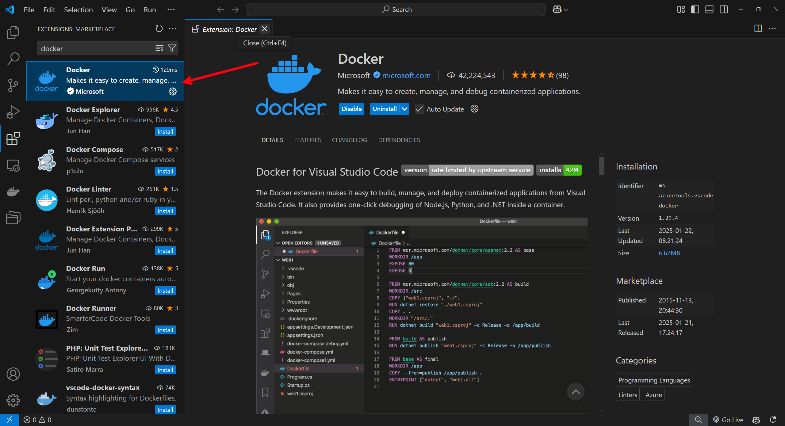 Docker extension vs code